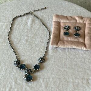 Blue Floral Silver Tone Necklace & Earrings Set